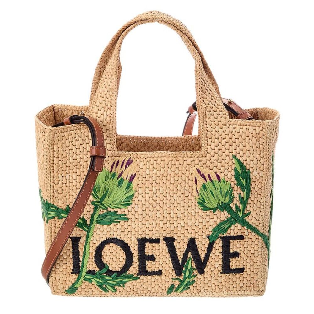 Loewe Logo Small Raffia & Leather Tote, Beige